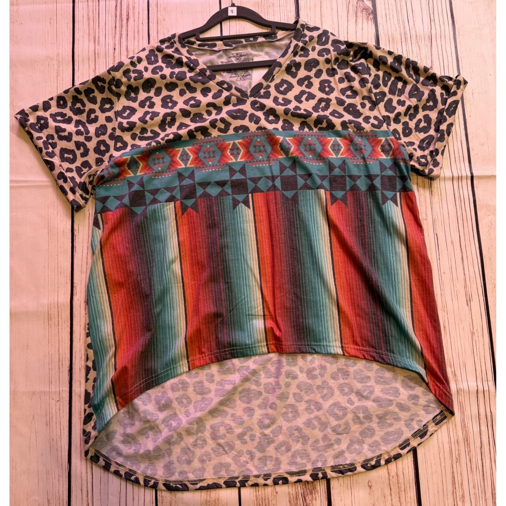 Women‎ 3XL Leopard Southwestern Stripe V-Neck High Low Top Multicolor